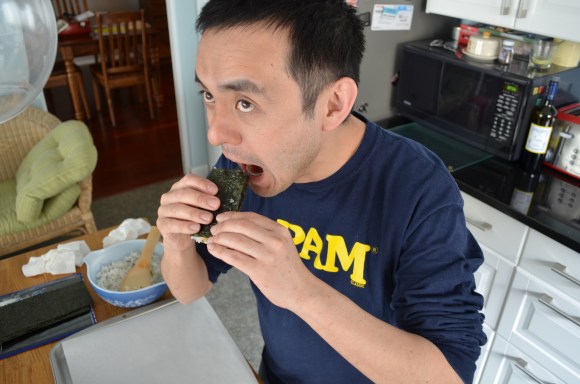 enjoying Spam musubi