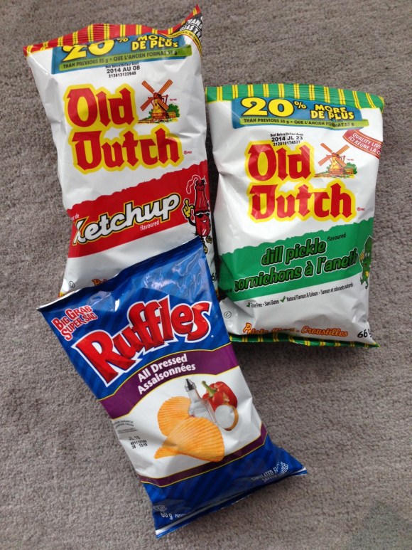 Ketchup potato chips, all dressed potato chips and dill pickle potato chips