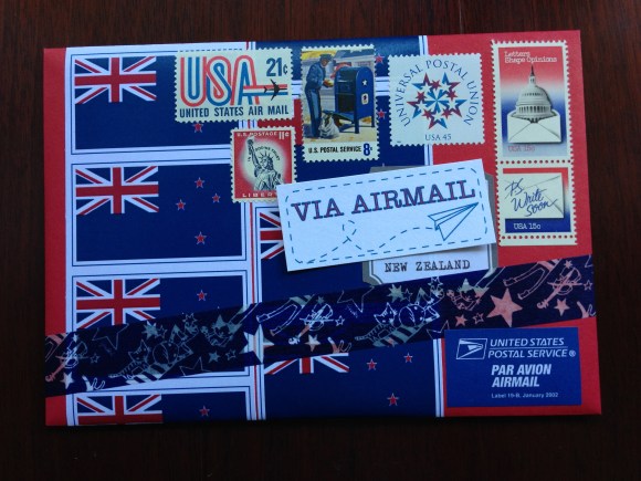 patriotic mail art, vintage stamps, USA, New Zealand