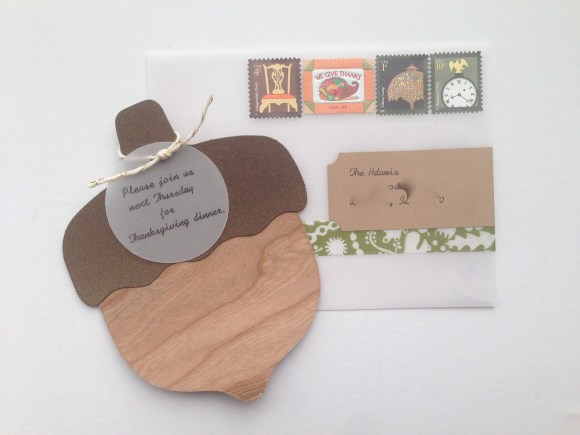 thanksgiving invitation with Paper Source acorn kit and vellum envelope