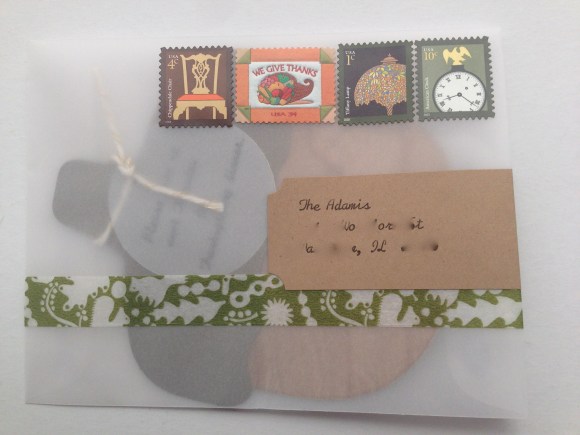 thanksgiving invitation with Paper Source acorn kit and vellum envelope