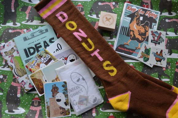 donut socks, zines, letter writers alliance stamp, postcards