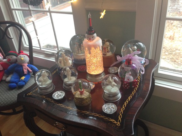 peggys house, bookclub holiday tea 1, snowglobes