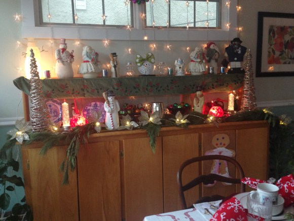 peggys house, bookclub holiday tea 2, snowmen on the sideboard