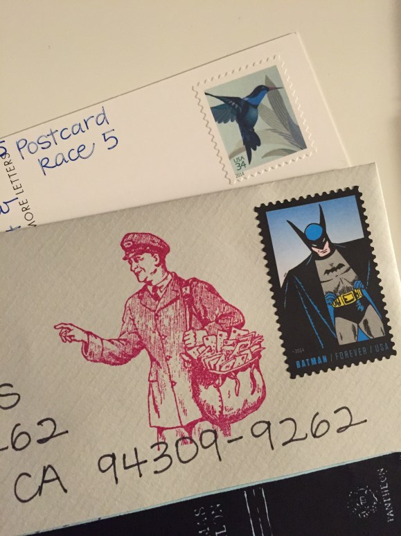 postcard race + mailman stamp