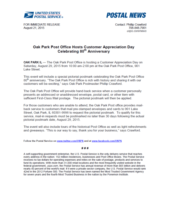USPS Press Release Oak Park, IL post office 80th anniversary celebration