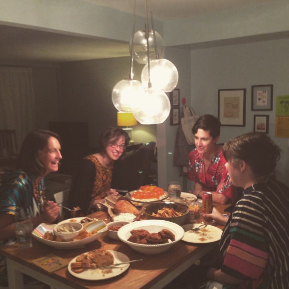 eating 1970s party food, Mrs. Roper Party, kaftans in the kitchen