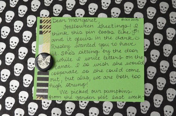 Halloween mail, La Familia Green glow in the dark button, mail art 2