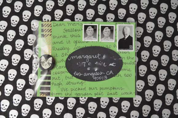 Halloween mail, La Familia Green glow in the dark button, mail art 3