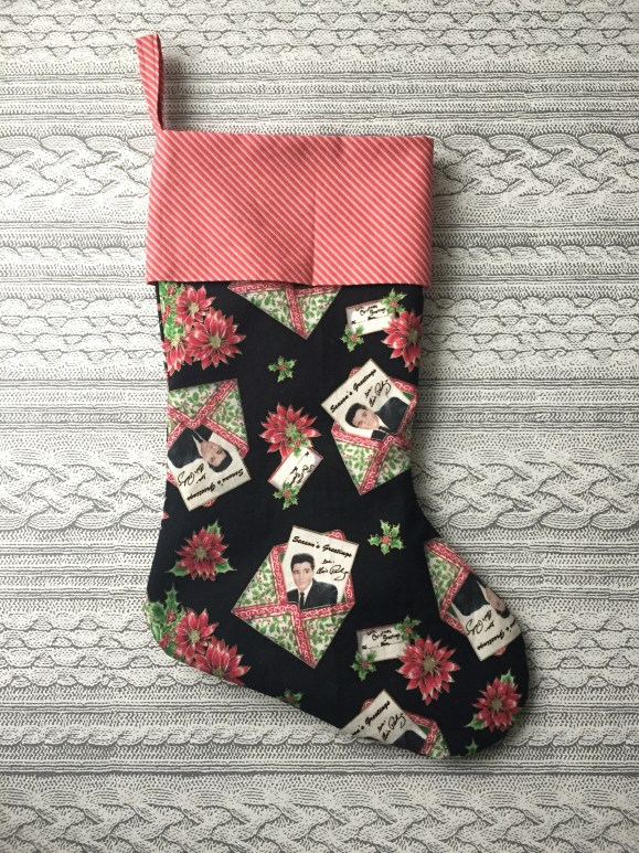 Elvis stocking, made by Marissa Flaco, Elvis Christmas fabric