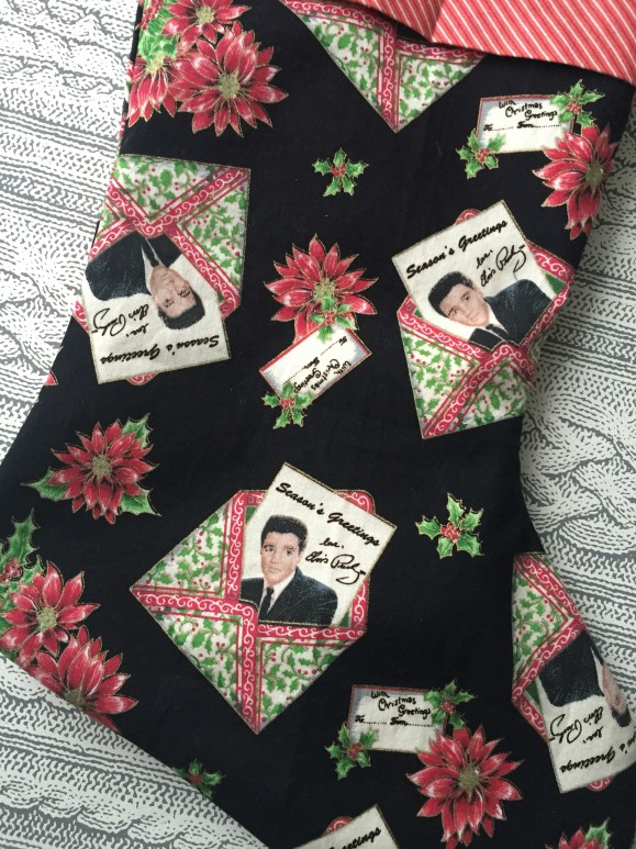 Elvis stocking, made by Marissa Flaco, Elvis Christmas fabric