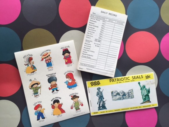 vintage foreign language teacher stickers, vintage Eureka patriotic seals, vintage librarian record