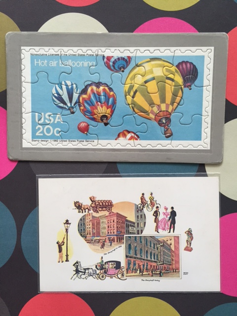 vintage USPS puzzle postcard, Vintage Berghoff chicago postcard