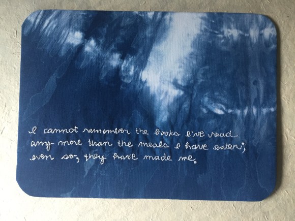 Kimberly Adami-Hasegawa embroidery project, Ralph Waldo Emerson quote, Forest Park Library, 100 Artist