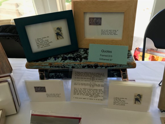 framed quotes with postage stamps, craft show table, Petite Boutique, Pleasant Home Oak Park, 2016