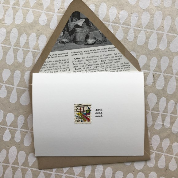 GalaxieSafari hand-typed vintage postage card, zip code stamp, send more mail