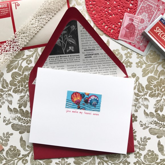 GalaxieSafari, Etsy shop, Valentine, love card, hot air balloon, USPS, vintage postage