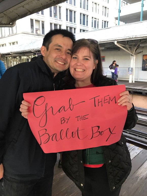 Women's March Chicago, Grab them by the ballot box, Kimberly and Naoto