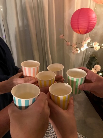Kimberly's hanami picnic, paper cup toast, sakura, cherry blossom