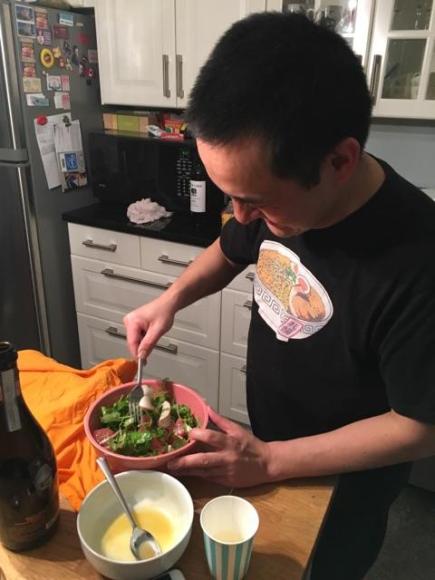 Kimberly's hanami picnic, Naoto making the salad, sakura, cherry blossom