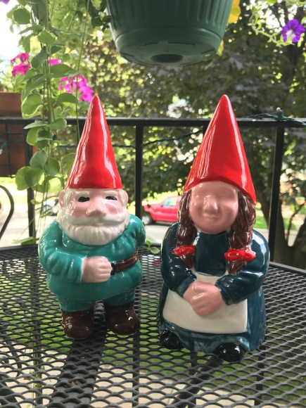 finished gnomes, creativita forest park, ceramics painting, forest park community garden