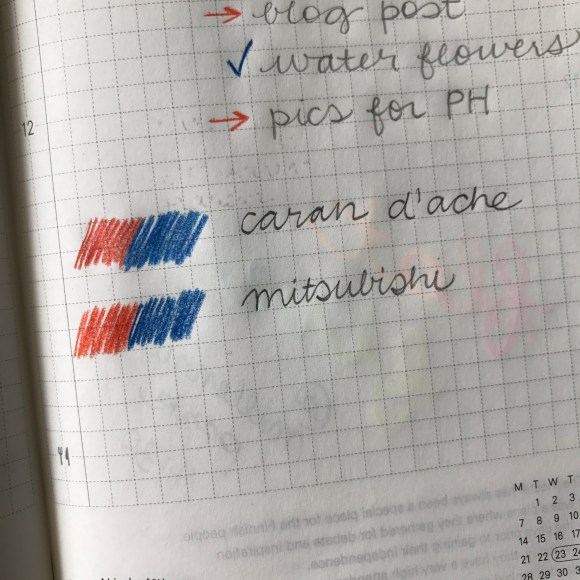 caran d'ache and mitsubishi red and blue pencils, color test, Hobonichi techo