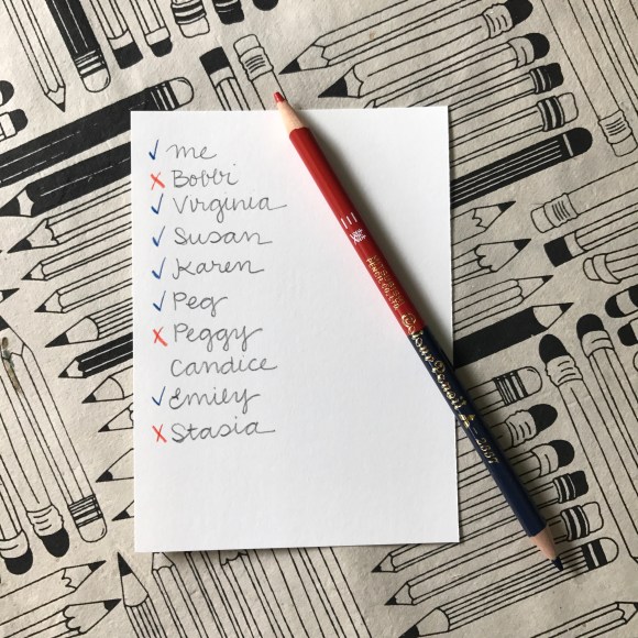 caran d'ache and mitsubishi red and blue pencils, RSVP list