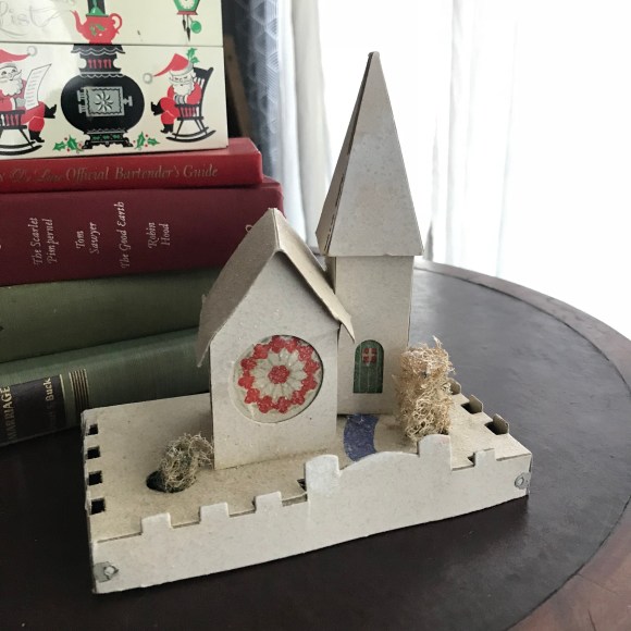 Putz houses, vintage paper houses, christmas village, putz church