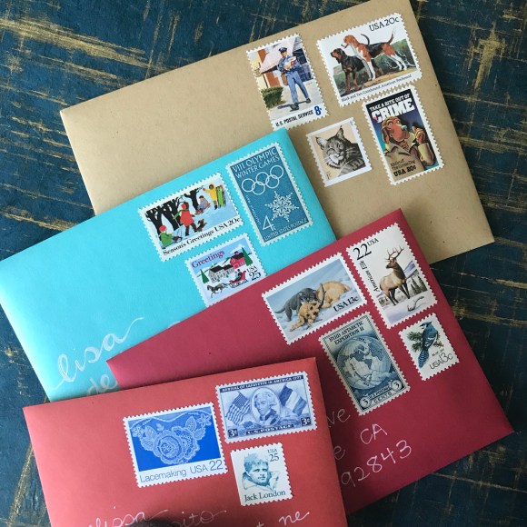 feed your mailbox, sending mail, new years cards, vintage postage stamps