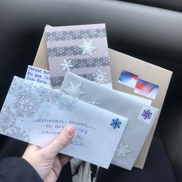 feed your mailbox, sending mail, new years cards, snow postage stamps