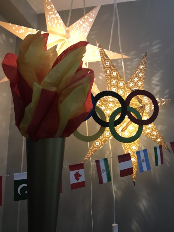 Olympics decorations, Olympic rings decoration, Olympic torch decoration, Olympic flags