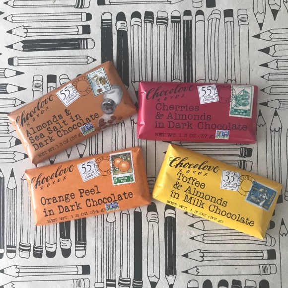Chocolove chocolate bars, mail more chocolate, non-gmo chocolate, snacks for writing letters