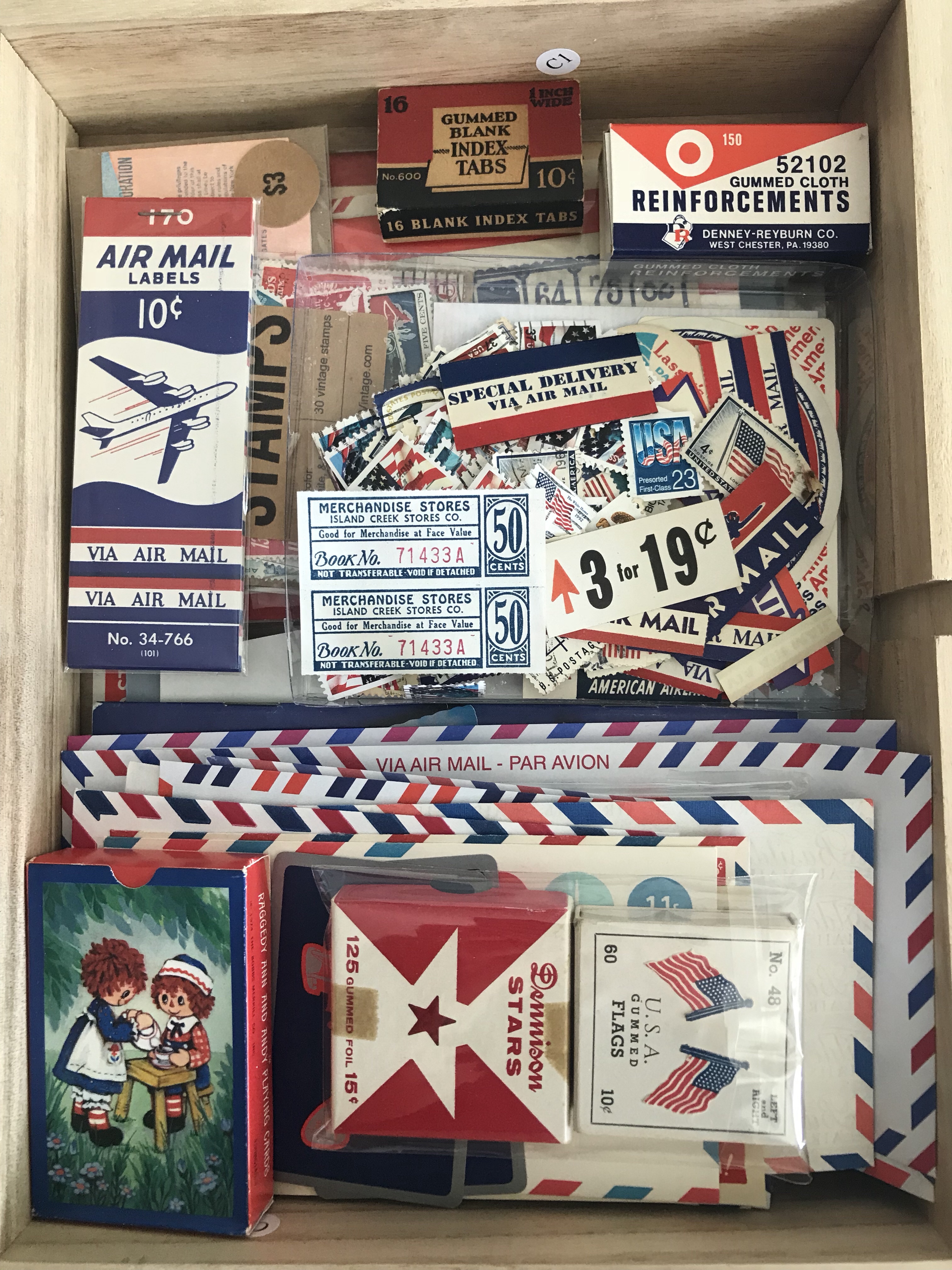 vintage paper drawer, martha stewart flat files, vintage ephemera, vintage paper, colors, red white and blue, patriotic 
