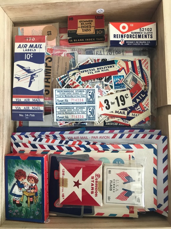 vintage paper drawer, martha stewart flat files, vintage ephemera, vintage paper, colors, red white and blue, patriotic 