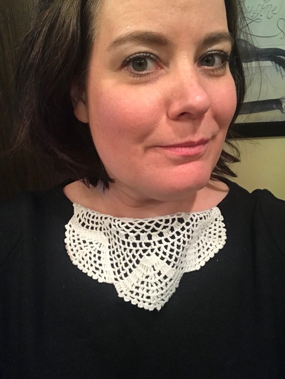 RBG movie outfit, crocheted doily 