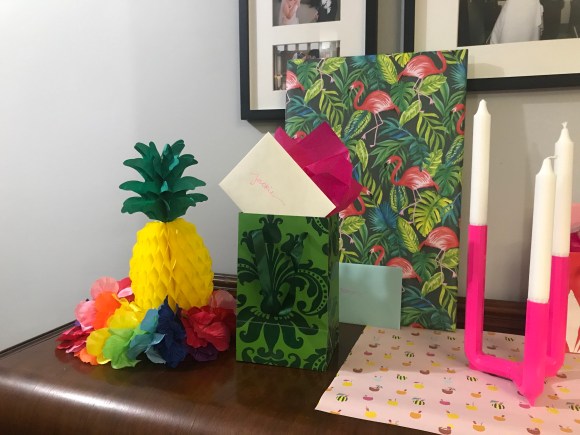 tiki birthday party, aloha birthday, #jktikiparty, tiki party, table setting, leis, gift wrap, paper source gift wrap, flamingo, pineapple
