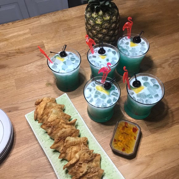 paper source kit, tropical leaves kit, tiki birthday party, aloha birthday, #jktikiparty, tiki party, tiki drinks, blue hawaiis, crab rangoon