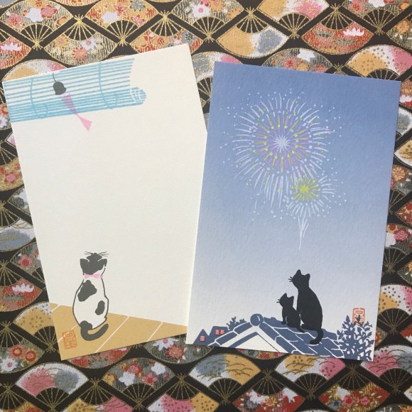 tanabata, cats watching fireworks, japanese postcards