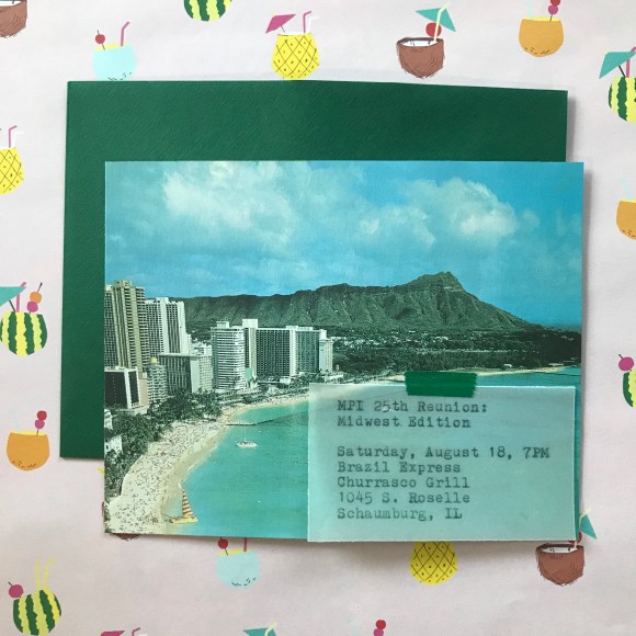 vintage style invitation, waikiki beach, hawaii, 25th reunion, Mid Pacific Institute 